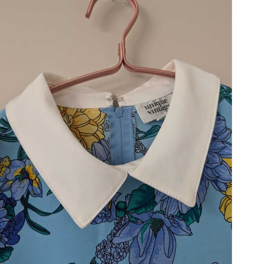 Unique Vintage Light Blue Floral Peter Pan Collar Mod Babydoll Dress 60s Small - Picture 3 of 14